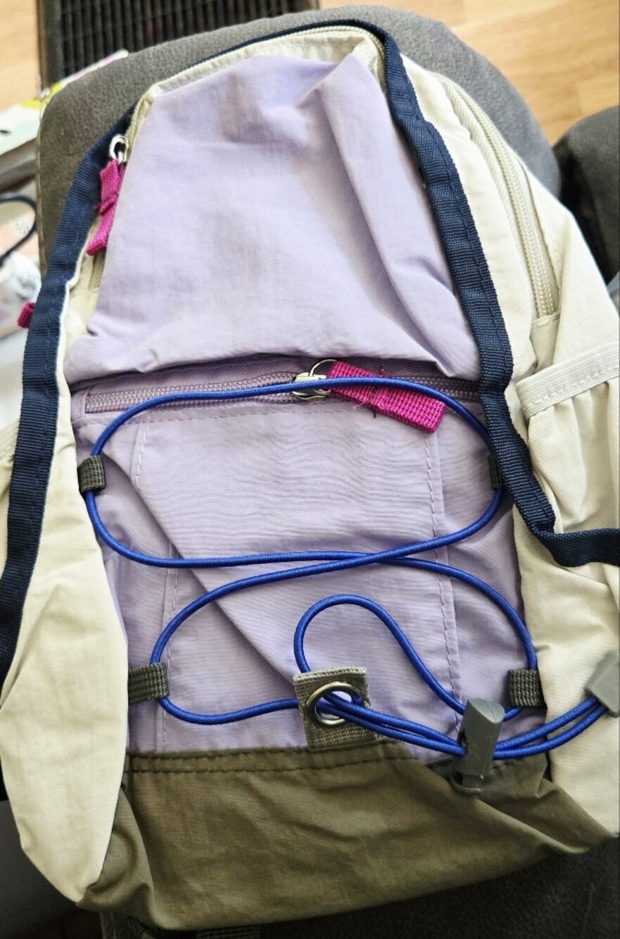 Light Lavender Daypack with Blue Cord and Pink Tab